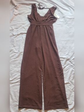 Derek Heart Wide-Leg Jumpsuit with Smocked Waist Brown, Small